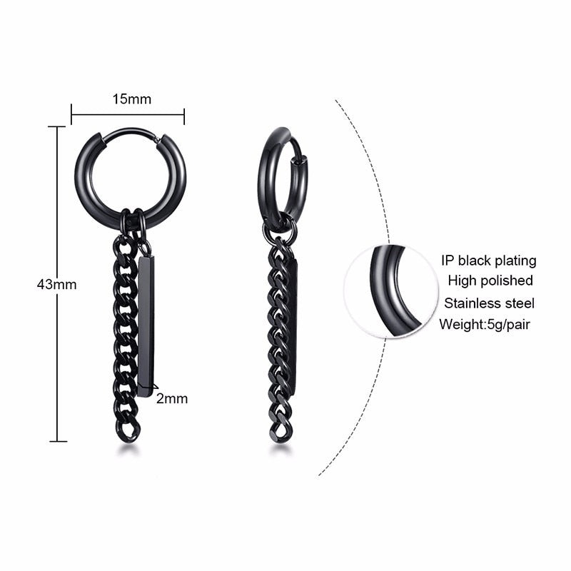 Men Bar Detail Hoop Earring For Women Men Piercing Stainless Steel Fringed Chain Earing