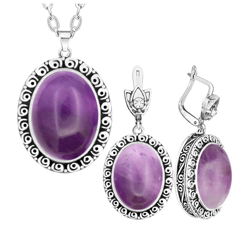 Oval Pink Quartz Amethysts Natural Stone Jewelry Set Snail Flower Antique Silver Plated Necklace Earrings Vintage Jewelry TS480 - Charlie Dolly