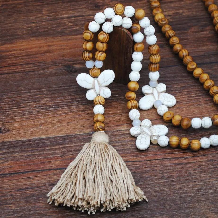 Wood Bead Star Tassel Long Necklace Jewelry
