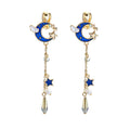 Korean Creative Clip On Earrings Cute Blue Universe Moon Star Asymmetric Long Tassel for Girl Women Without Piercing - Charlie Dolly