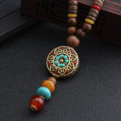 Vintage Nepal Long Buddhist Mala Wood Beaded Pendant &amp; Necklace Ethnic Bohemian Boho Buddha Lucky Jewelry for Women Men - Charlie Dolly