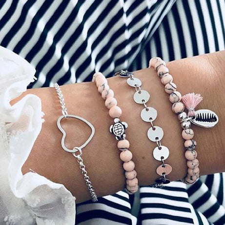 Boho Charm and Crystal Bead Bangle Bracelet Set