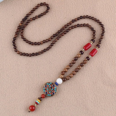 Vintage Nepal Long Buddhist Mala Wood Beaded Pendant &amp; Necklace Ethnic Bohemian Boho Buddha Lucky Jewelry for Women Men - Charlie Dolly