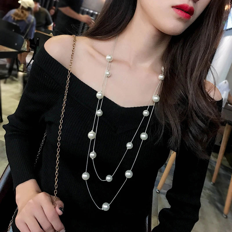 Simulated Pearl Long Double Layer Necklace Jewelry