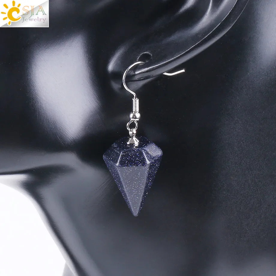 CSJA Bohemian Pyramid Drop Earrings Jewelry Earrings for Women Natural Stone Pink White Purple Crystal Quartz Lapis Lazuli E736