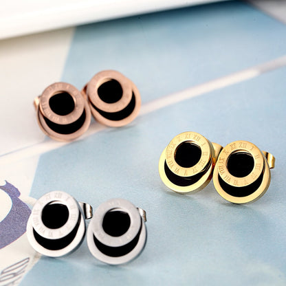 High Quality Black Enamel Roman Numerals Stud Earrings For Women/Men Girls Piercing Jewelry Titanium Steel Gold Color Earring