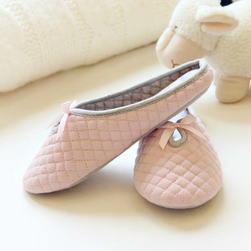 Lovely Bowtie Winter Women Home Slippers For Indoor Bedroom House Soft Bottom Cotton Warm Shoes Adult Guests Flats - Charlie Dolly