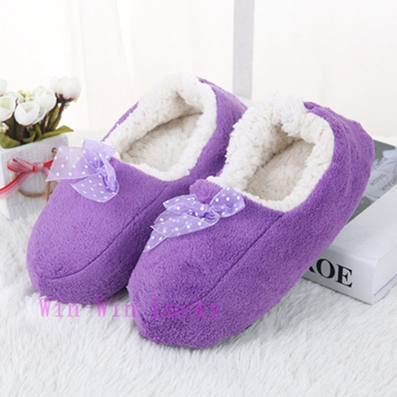 Suihyung Women Cotton Slippers Winter Warm Plush Indoor Floor Shoes Non-slip Hose Slip On Ladies Lace Bow Slides Fluffy Slippers - Charlie Dolly