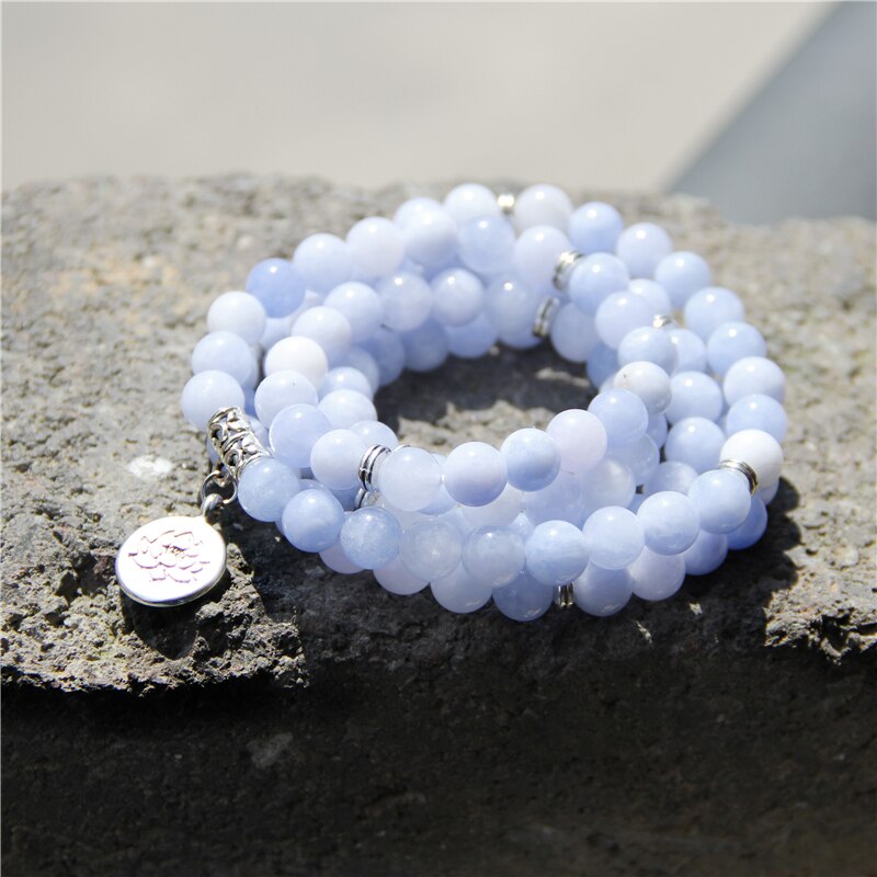108 Mala Aquamarines with Lotus OM Buddha Charm Yoga Bracelet or Necklace for Me Women Blue Natural Stone Jewelry Dropshipping - Charlie Dolly