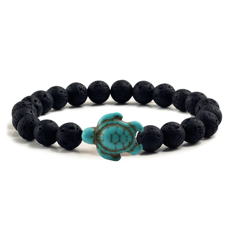 Summer Beach Sea Turtle Beads Bracelet for Men Charm Black Lava Natural Stone Strand Bracelets Elastic Women Boho Jewelry Gifts