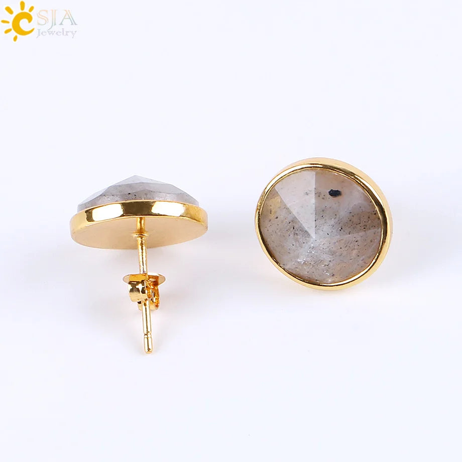 CSJA Gold Color Round Stud Earrings Natural Gem Precious Stone Green Black Obsidian Lapis Lazuli Amethysts Crystal Jewelry E597
