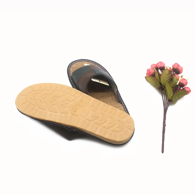 Mnterrm Hot Sale Men Home Slippers Linen Home Slippers Indoor Bedroom Sandals Couple Sheepskin Leather   Floor Slippers - Charlie Dolly