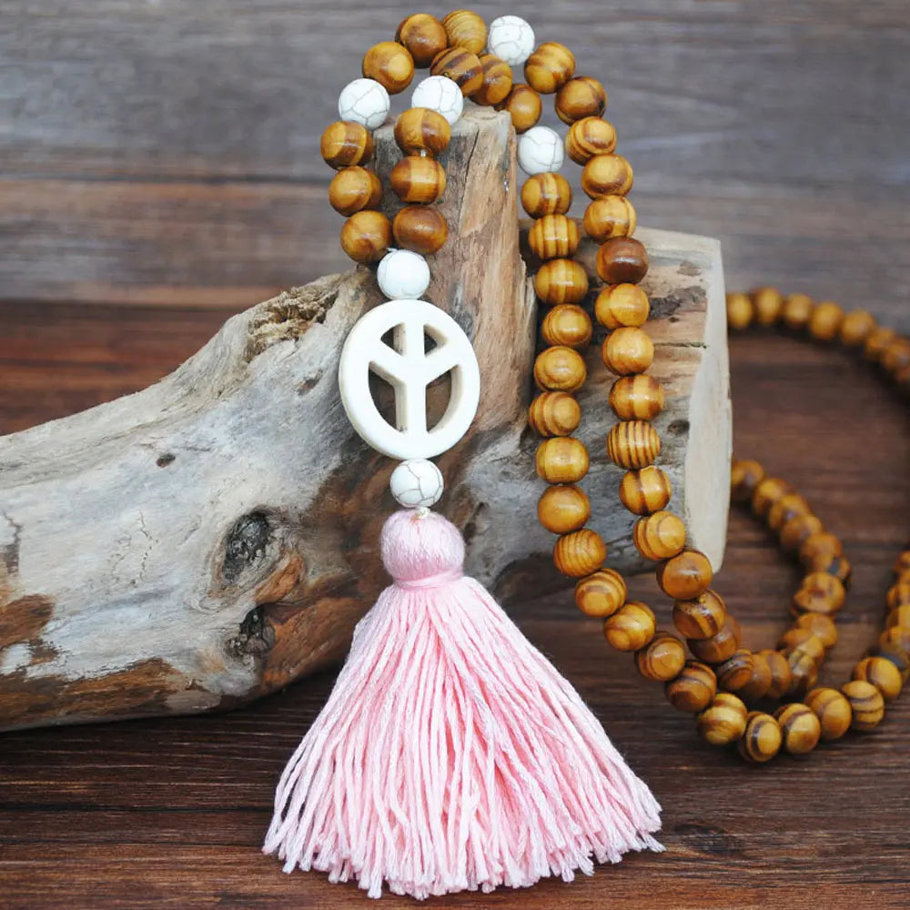 Wood Bead Star Tassel Long Necklace Jewelry