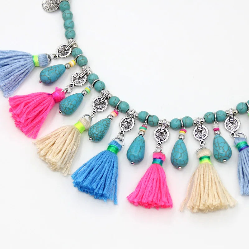 Boho Jewelry Women Statement Necklace Natural Stone Beaded Strand Tassel Water Drop Pendant Necklace Jewelry Sweater Chain