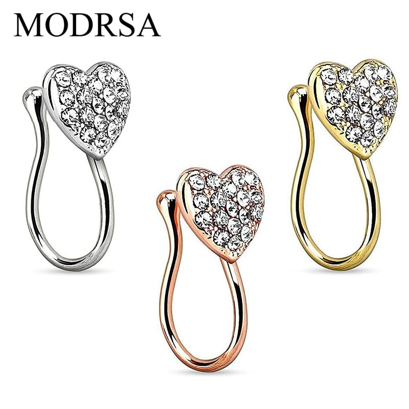 MODRSA 1Piece Heart With Gems Clip On Nose Ring Fake Non Piercing Septum Nose Clip Splint Crystal Nose Rings Hoop Body Jewelry