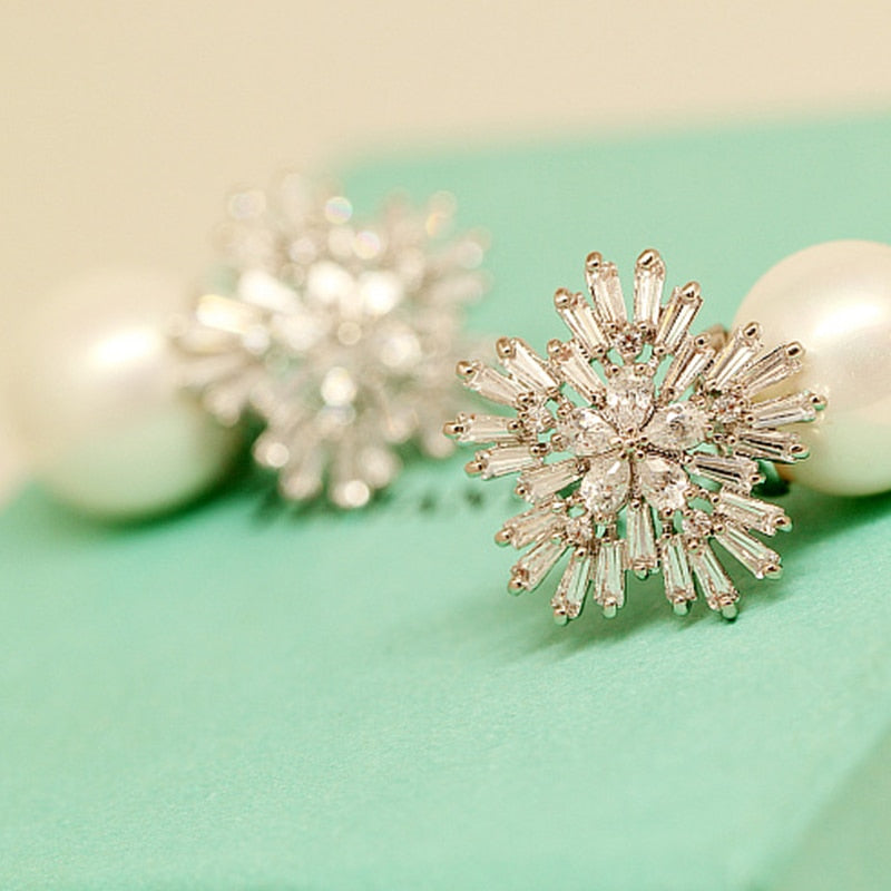 Imitation Pearl Earrings Women Fashion Snowflake Crystal Earrings Charm Zircon Jewelry Cute Earrings Best Choice for Couple Gift - Charlie Dolly