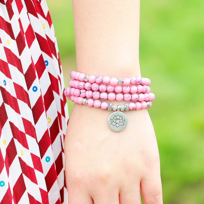 108 Beads Mala Bracelet Necklace 6mm Pink Howlite Buddha Bracelet Prayer Buddhist Charm for Women Girls Yoga Jewelry