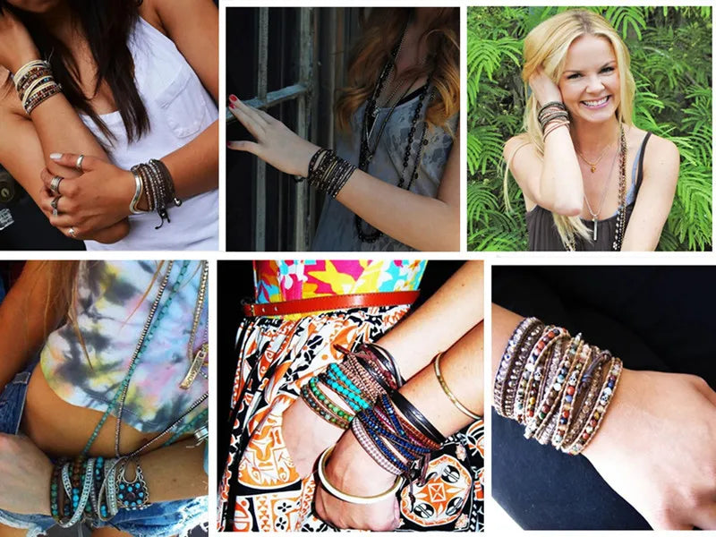 Women Men Boho Leather Wrap Bracelet & Bangle Natural Amazonite Stone Beaded Bohemia Charm Bracelet Handmade Jewelry Gift