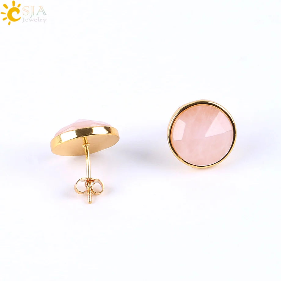CSJA Gold Color Round Stud Earrings Natural Gem Precious Stone Green Black Obsidian Lapis Lazuli Amethysts Crystal Jewelry E597