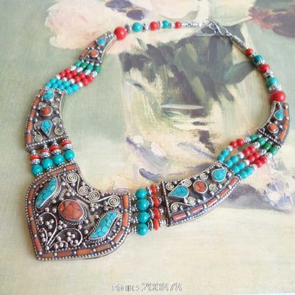 TNL151  Master Design Nepal Indian brass inlaid Stone coral pendant necklace Multi Statements Big Pendants BOHO Necklace