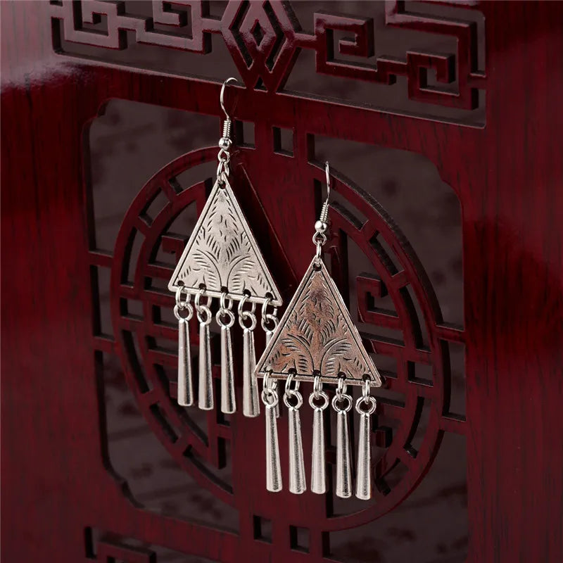 2020 Ethnic Indian Women's Flower Hollow Gypsy Silver Color Drop Earrings Cylindrical Tassel Boho Tribal Jewelry India Jhumki