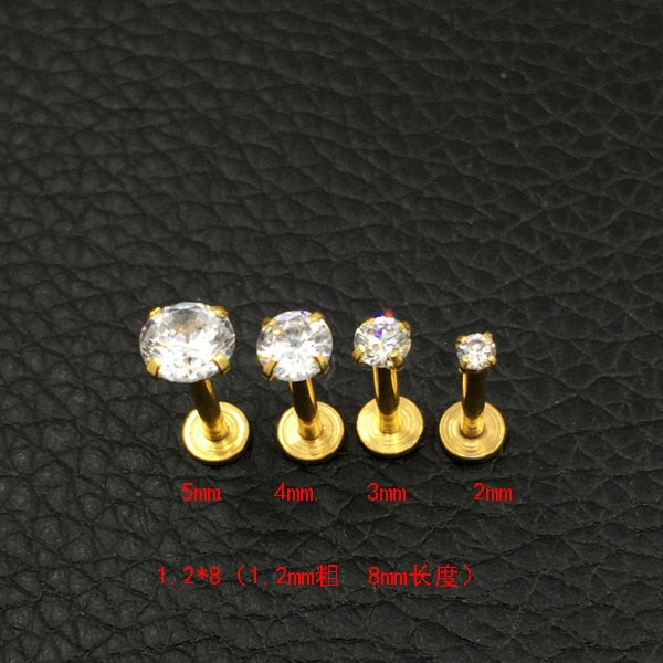 Gold Color Steel Rose Labret Lip Ring Zircon Anodized Titnium Internally Threaded CZ Gem Monroe 16G Tragus Helix Ear Piercing - Charlie Dolly