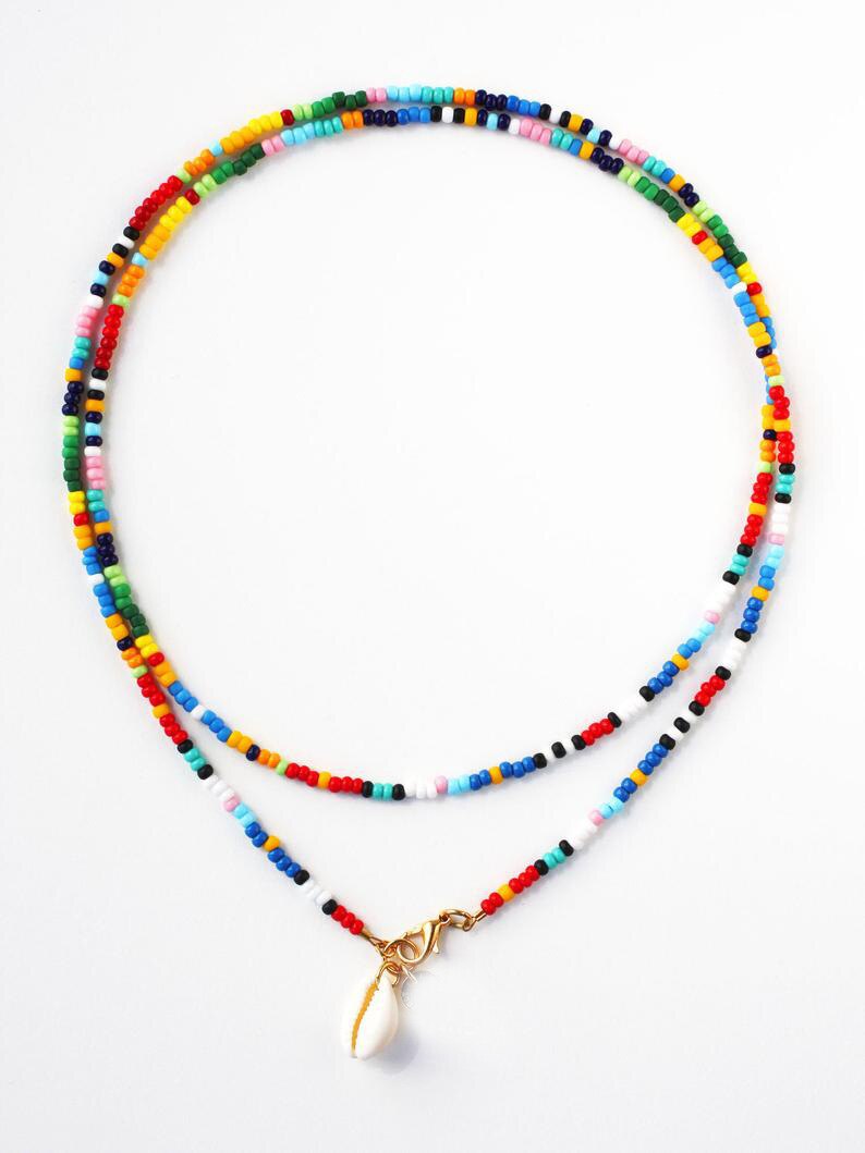 Shell Choker, Cowrie Shell Necklace, Hippie Layered Necklace, DIY Layering Color Beaded Chokers 29" Long, Fashion Women Jewelry - Charlie Dolly