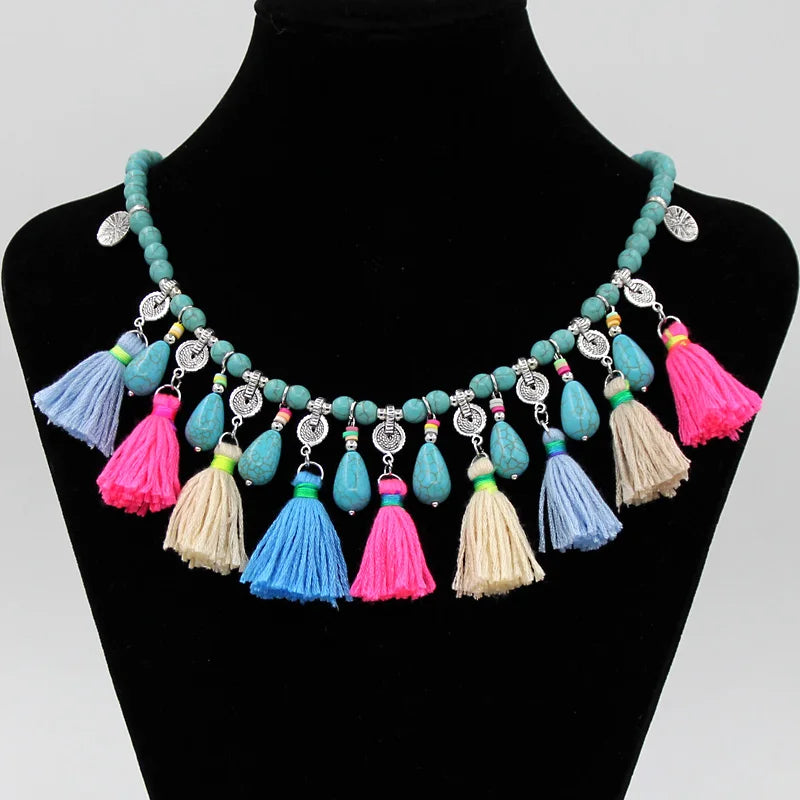 Boho Jewelry Women Statement Necklace Natural Stone Beaded Strand Tassel Water Drop Pendant Necklace Jewelry Sweater Chain