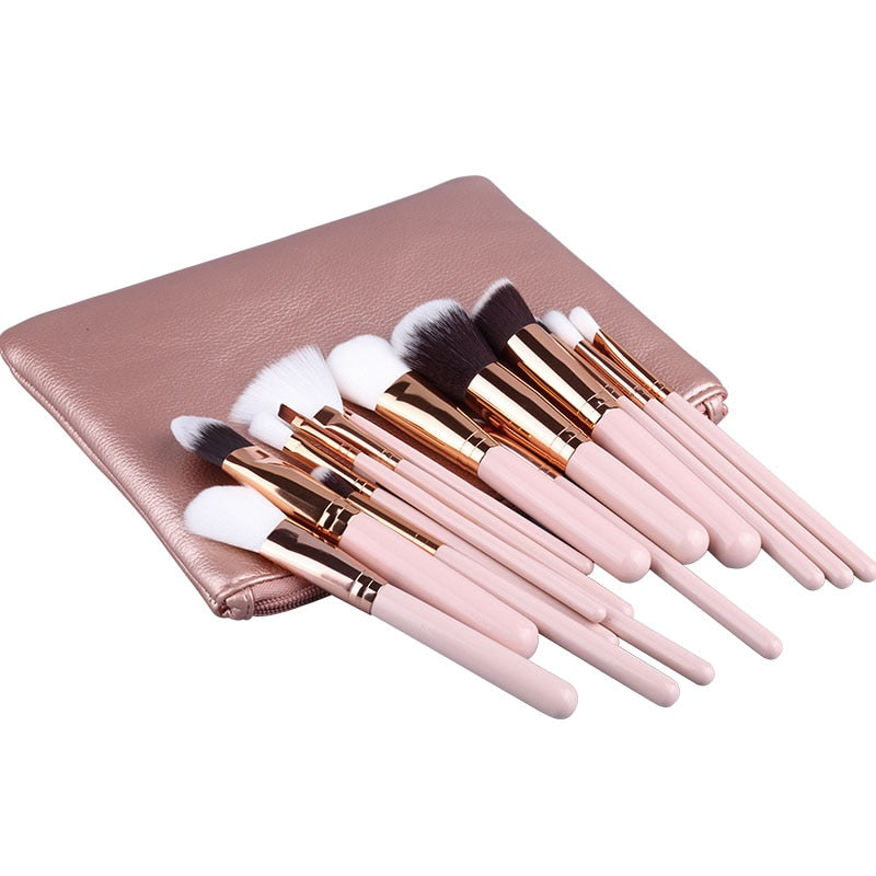 15pcs Pink Makeup Brushes Set Pincel Maquiagem Powder Eye Kabuki Brush Complete Kit Cosmetics Beauty Tools with Leather Case - Charlie Dolly