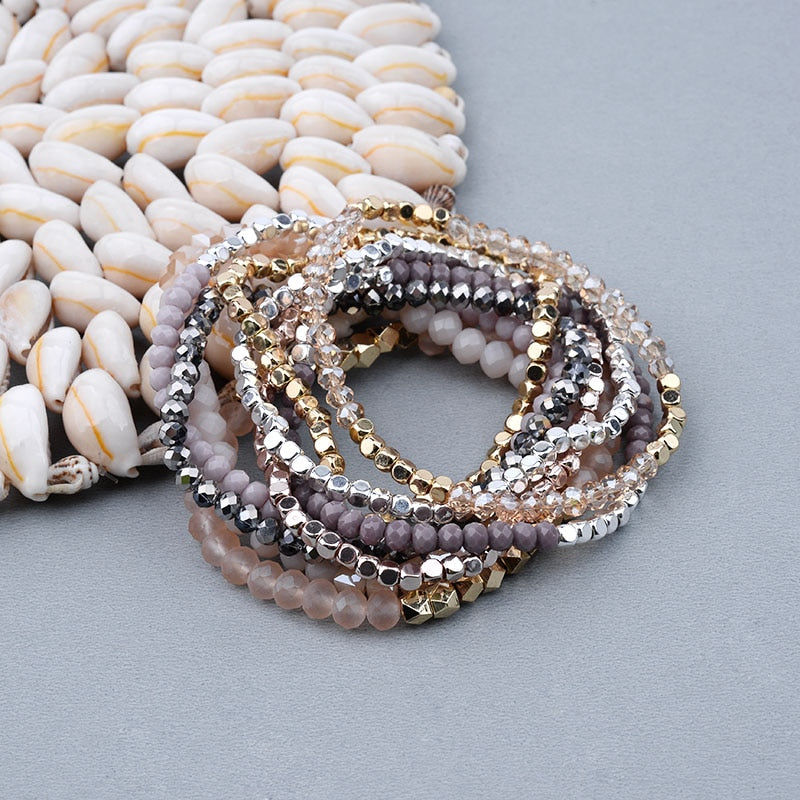 BOJIU Multicolor Crystal Strand Bracelets For Women Gold Acrylic Copper Beads Pink White Black Gray Crystal Bracelet Femme BC226 - Charlie Dolly