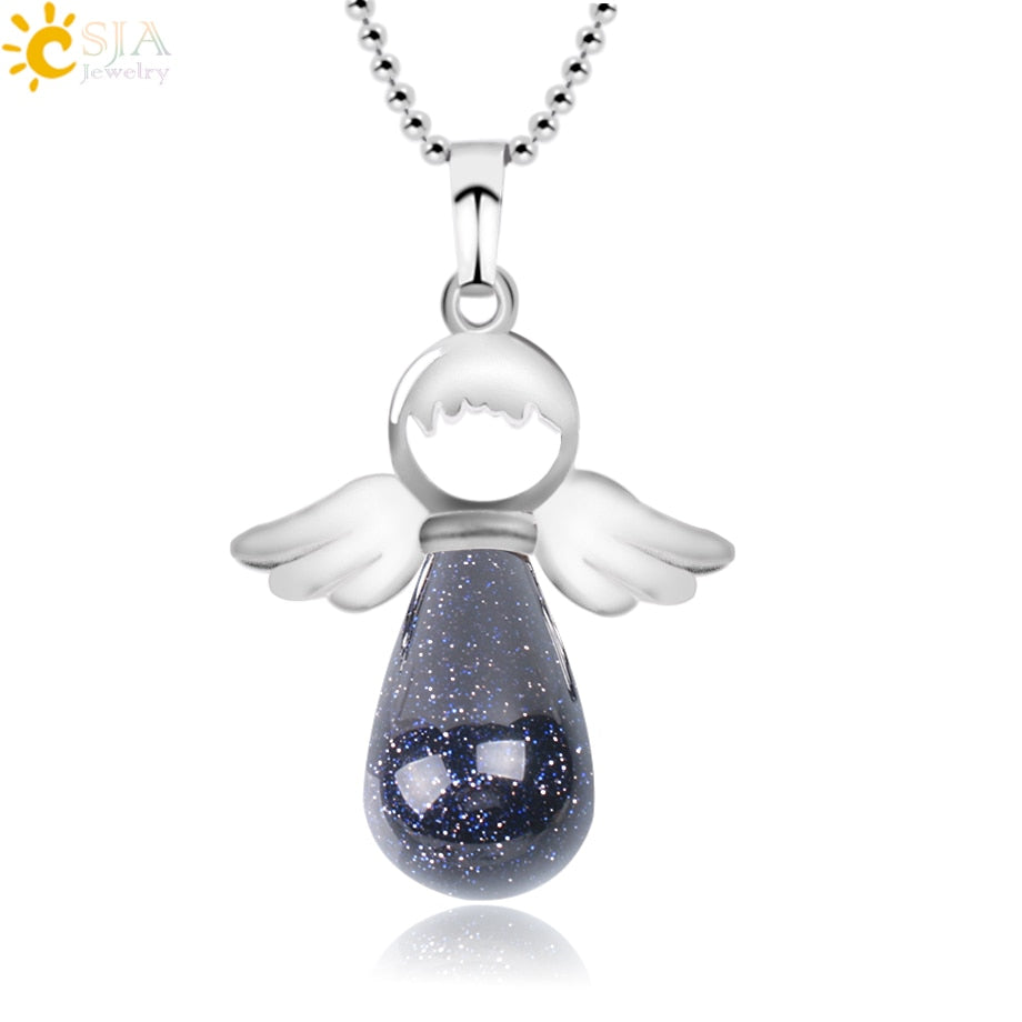 CSJA Angel Natural Stone Necklaces Pink Quartz Lapis Lazuli Necklace Angels Pendants for Women Purple Female Jewelry E947 - Charlie Dolly