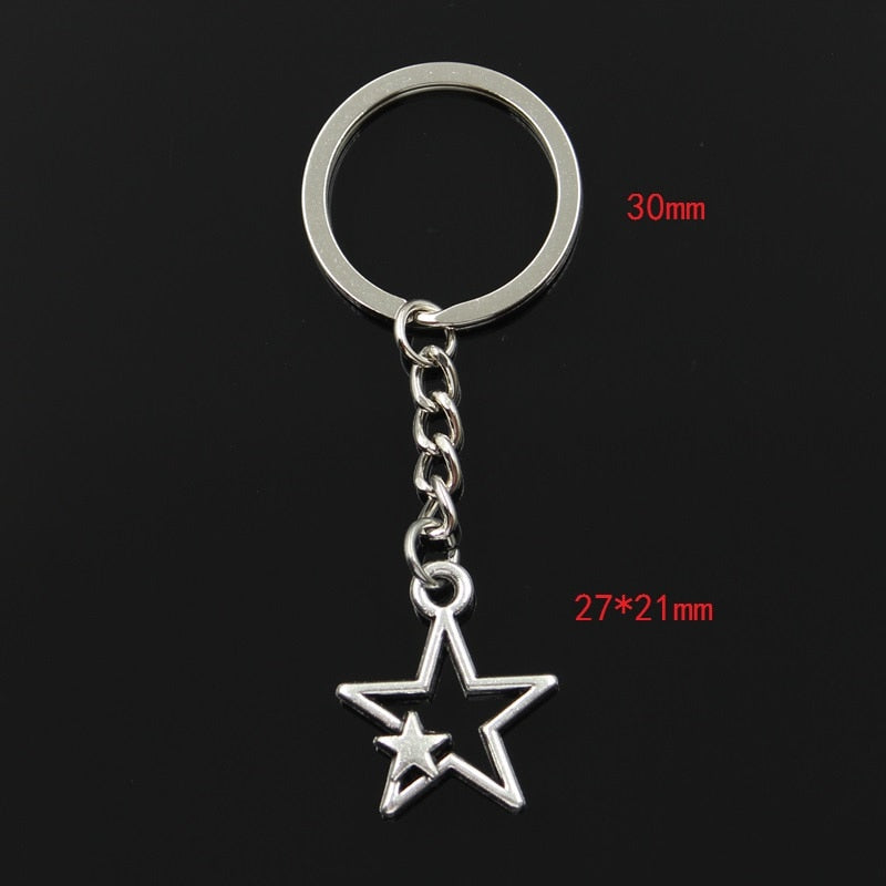 Fashion 30mm Key Ring Metal Key Chain Keychain Jewelry Antique Bronze Silver Color Plated Hollow Double Star 27x21mm Pendant - Charlie Dolly