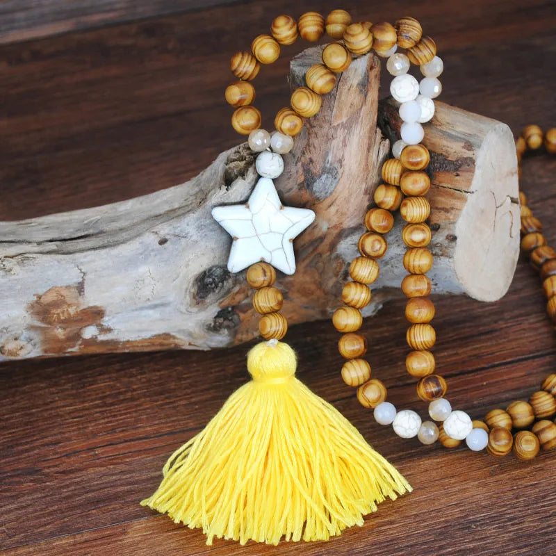Wood Bead Star Tassel Long Necklace Jewelry