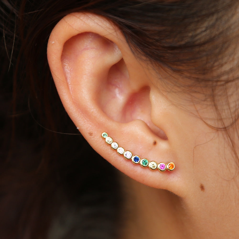 colorful cz climber earring curved long bar studs classic simple multi piercing look 925 sterling silver fashion ear jewelry - Charlie Dolly