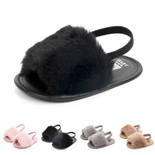 Newborn Baby Girl Soft Sole Crib Shoes Cute Fluffy Fur Summer Slippers Sandals - Charlie Dolly