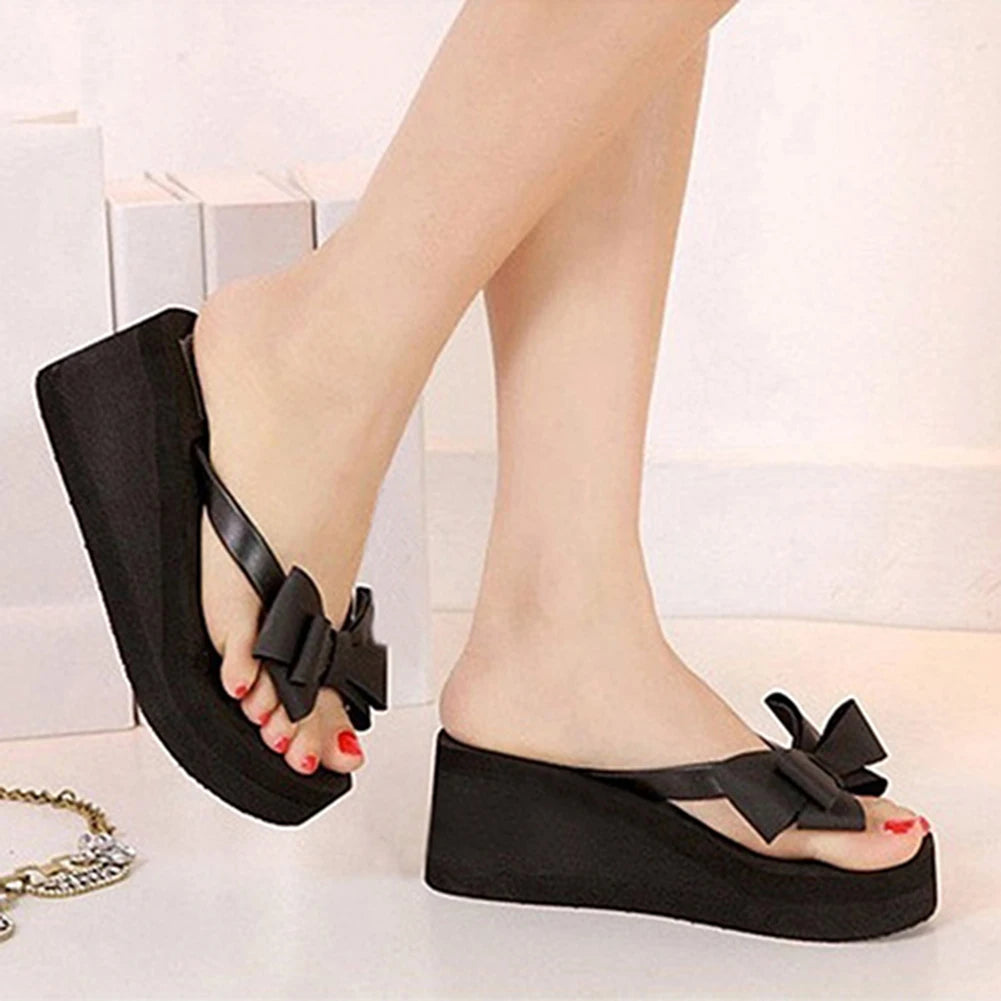 New Arrival Women Fashion Platform Mid Heel Flip Flops Beach Sandals Bowknot Slippers Shoes - Charlie Dolly