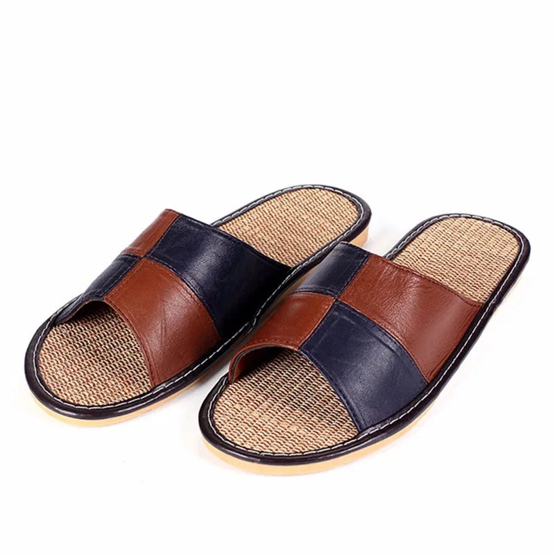 Mnterrm Hot Sale Men Home Slippers Linen Home Slippers Indoor Bedroom Sandals Couple Sheepskin Leather   Floor Slippers - Charlie Dolly