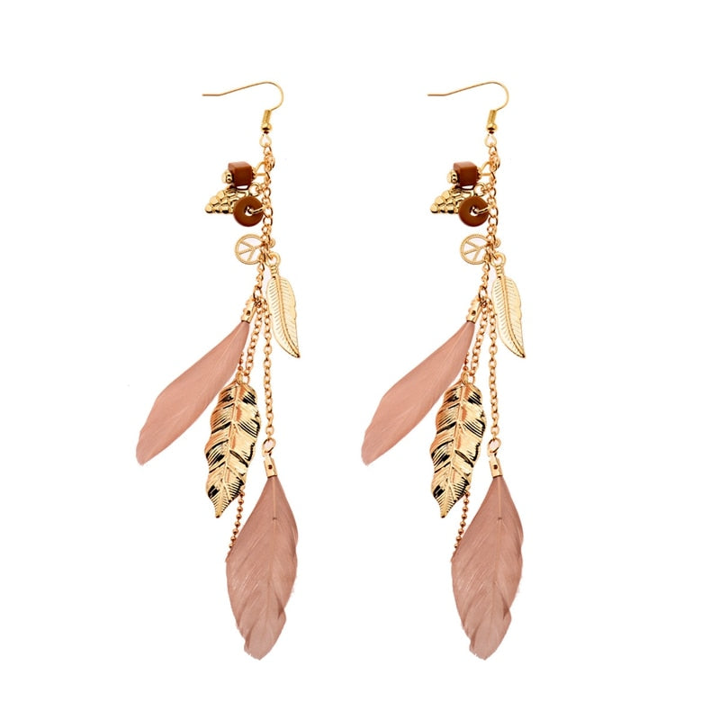 Bohemian Gold Color Long Alloy Tassel Earrings Women Kolczyki Vintage Wood Beads Feather Statement Earrings Fashion Jewelry 2019 - Charlie Dolly