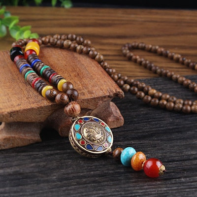 Vintage Nepal Long Buddhist Mala Wood Beaded Pendant &amp; Necklace Ethnic Bohemian Boho Buddha Lucky Jewelry for Women Men - Charlie Dolly