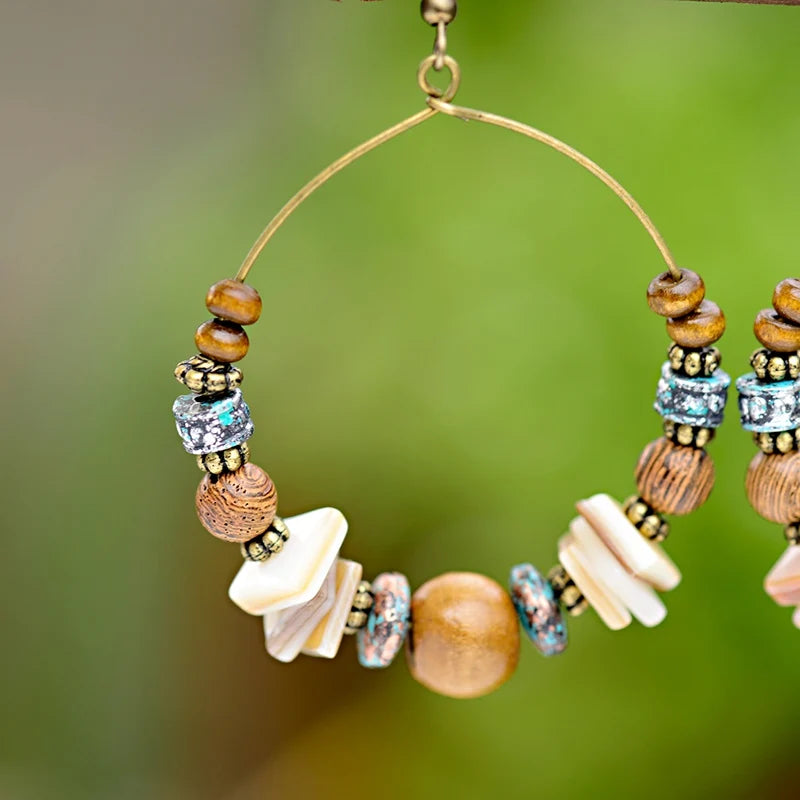 DOUVEI 2021 Ethnic Bohemia Women's Gypsy Big Bronze Wood Beads Round Drop Boho Earrings Vintage Style For Female HQE741