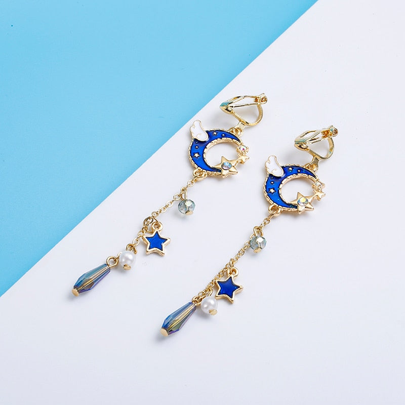 Korean Creative Clip On Earrings Cute Blue Universe Moon Star Asymmetric Long Tassel for Girl Women Without Piercing