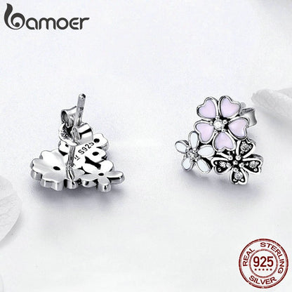 BAMOER 100% 925 Sterling Silver Pink Daisy Cherry Blossoms Flower Stud Earrings for Women Sterling Silver Jewelry Gift SCE400