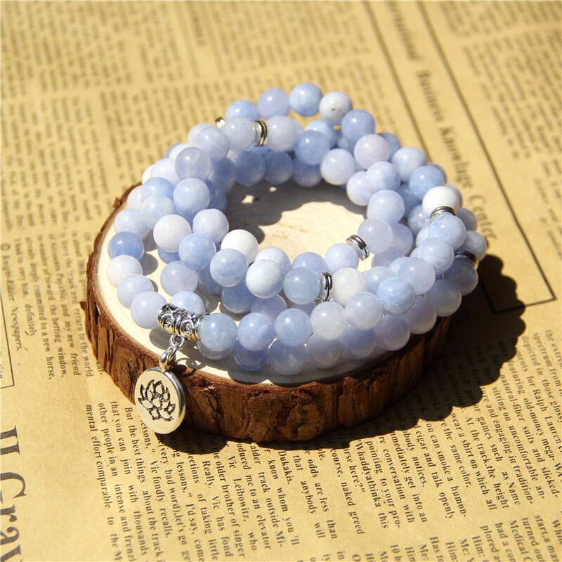 108 Mala Aquamarines with Lotus OM Buddha Charm Yoga Bracelet or Necklace for Me Women Blue Natural Stone Jewelry Dropshipping