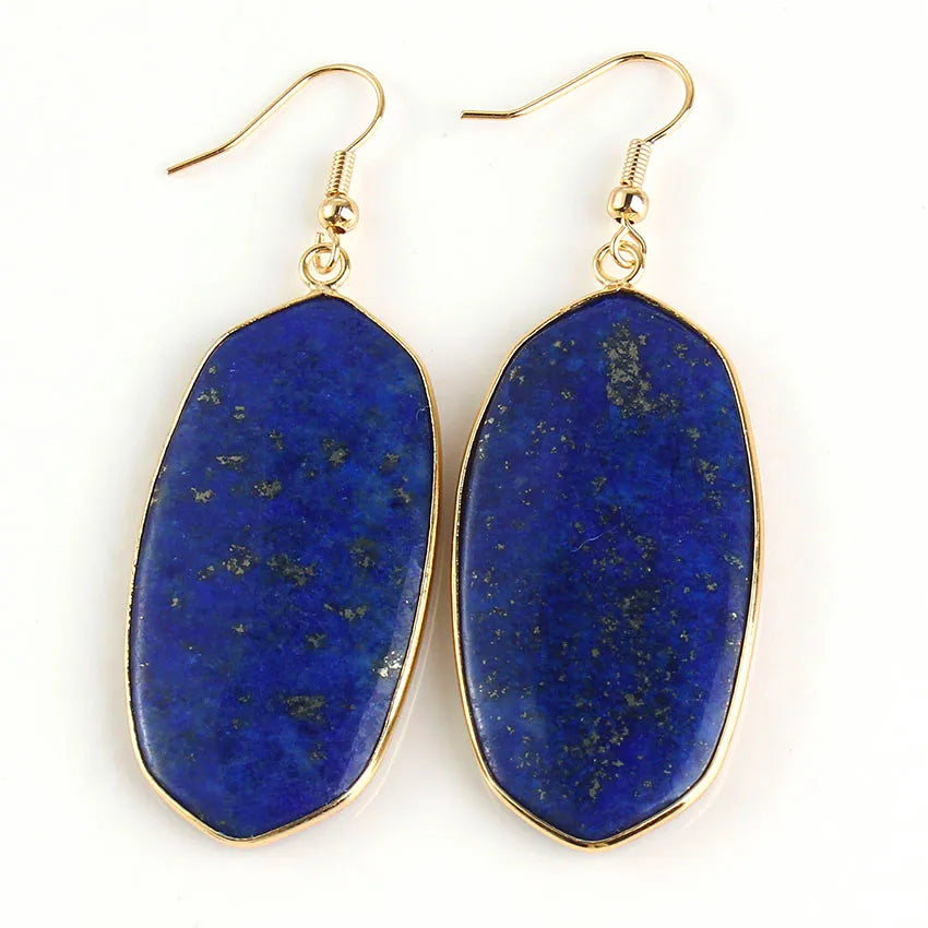 Natural Crystal Rose Pink Quartz Labradorite Lapis Lazuli Tiger Eye Stone Turquoise Oval Dangle Hook Women Earrings Jewelry