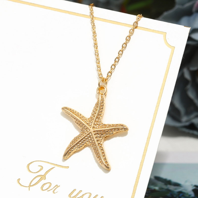 Hesiod Antique Gold Color Chain Summer Beach Jewlery Starfish Shell Pendant Necklace for Women - Charlie Dolly