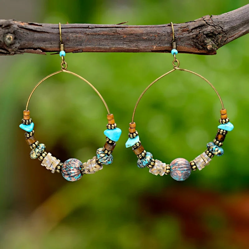 DOUVEI 2021 Ethnic Bohemia Women's Gypsy Big Bronze Wood Beads Round Drop Boho Earrings Vintage Style For Female HQE741