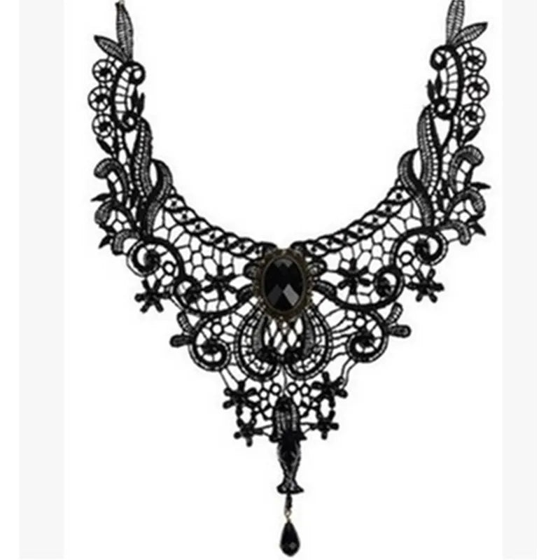 Gothic Chokers Black Beaded Flowers Sexy Lace Neck Choker Necklace Vintage Tassel Chain Women Steampunk Halloween Jewelry - Charlie Dolly
