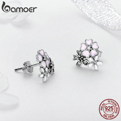 BAMOER 100% 925 Sterling Silver Pink Daisy Cherry Blossoms Flower Stud Earrings for Women Sterling Silver Jewelry Gift SCE400