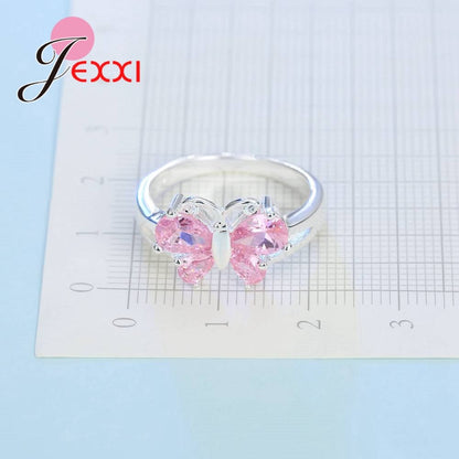 Beautiful Butterfly Shaped Engagement Party Ring For Girl Gift 925 Sterling Silver Rings For Women Wedding Pink Crystal