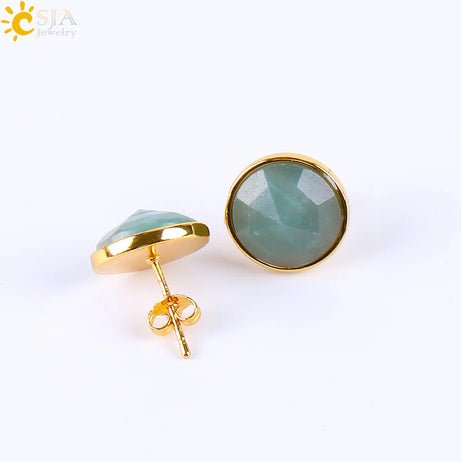 CSJA Gold Color Round Stud Earrings Natural Gem Precious Stone Green Black Obsidian Lapis Lazuli Amethysts Crystal Jewelry E597 - Charlie Dolly